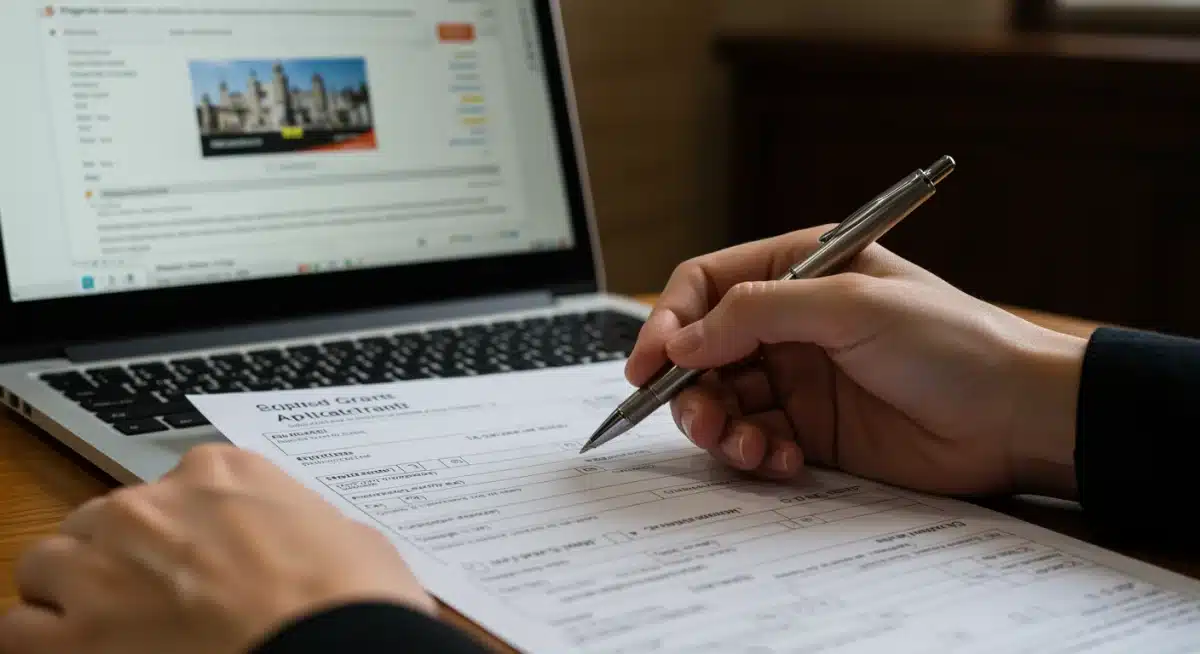 Person meticulously filling out a federal grant application form for adult education.