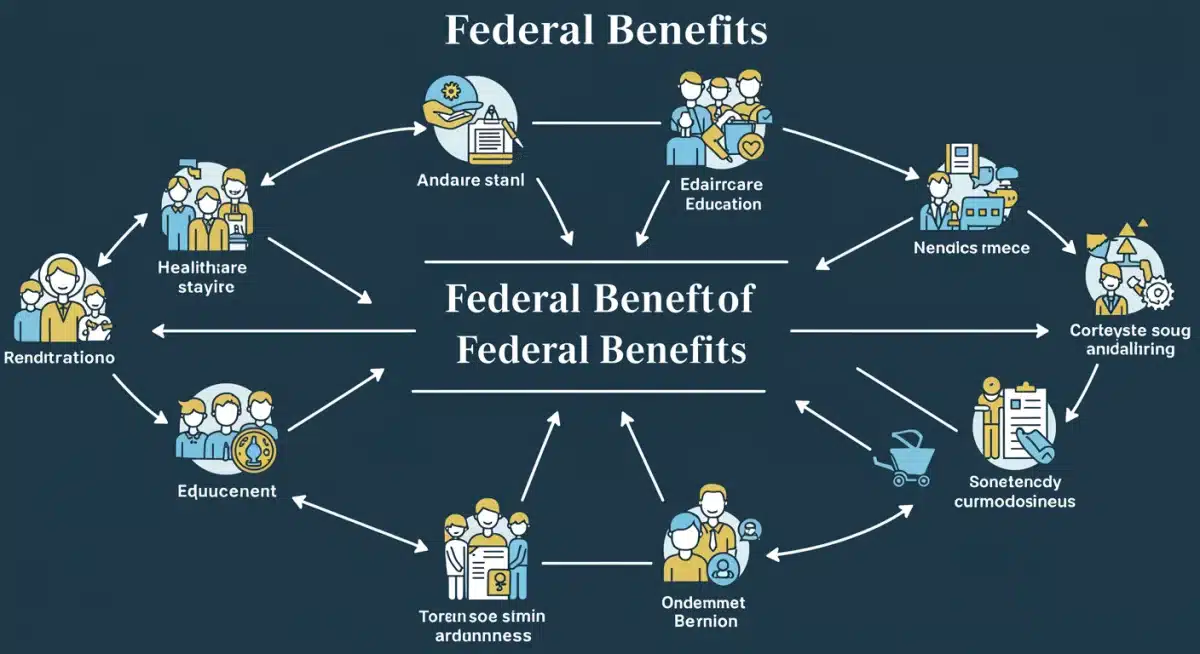 Infographic illustrating interconnected federal benefit categories