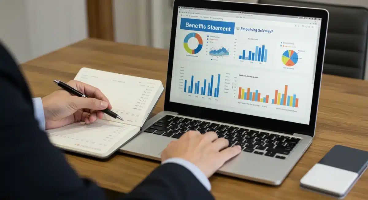 Individual reviewing personal employer benefits statement on a laptop