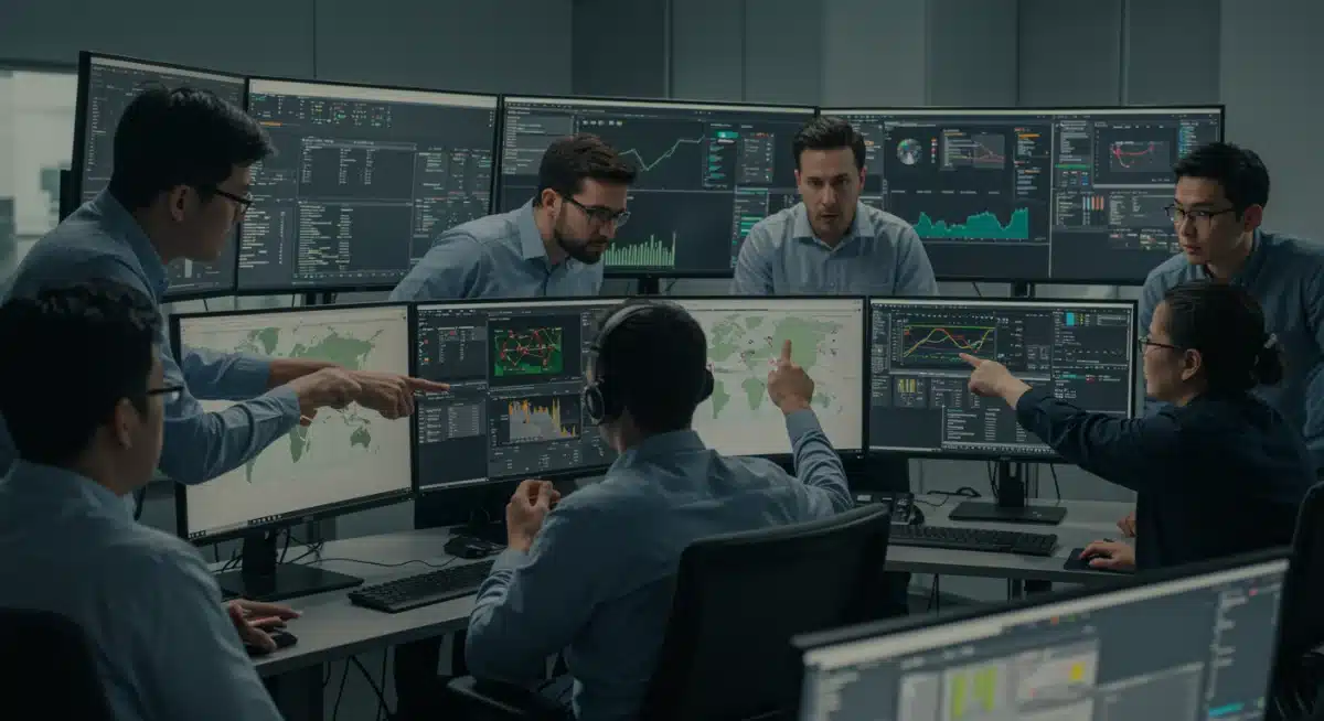 Cybersecurity analysts collaborating in a secure operations center, monitoring global threats