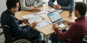 Group discussing disability benefits with documents and laptop