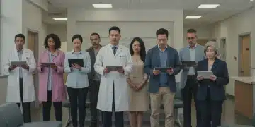 Diverse group in clinic waiting room discussing healthcare reform