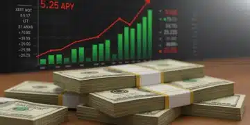 Stacks of dollar bills with a digital display showing 5.25% APY for 2025, symbolizing high-yield savings growth.