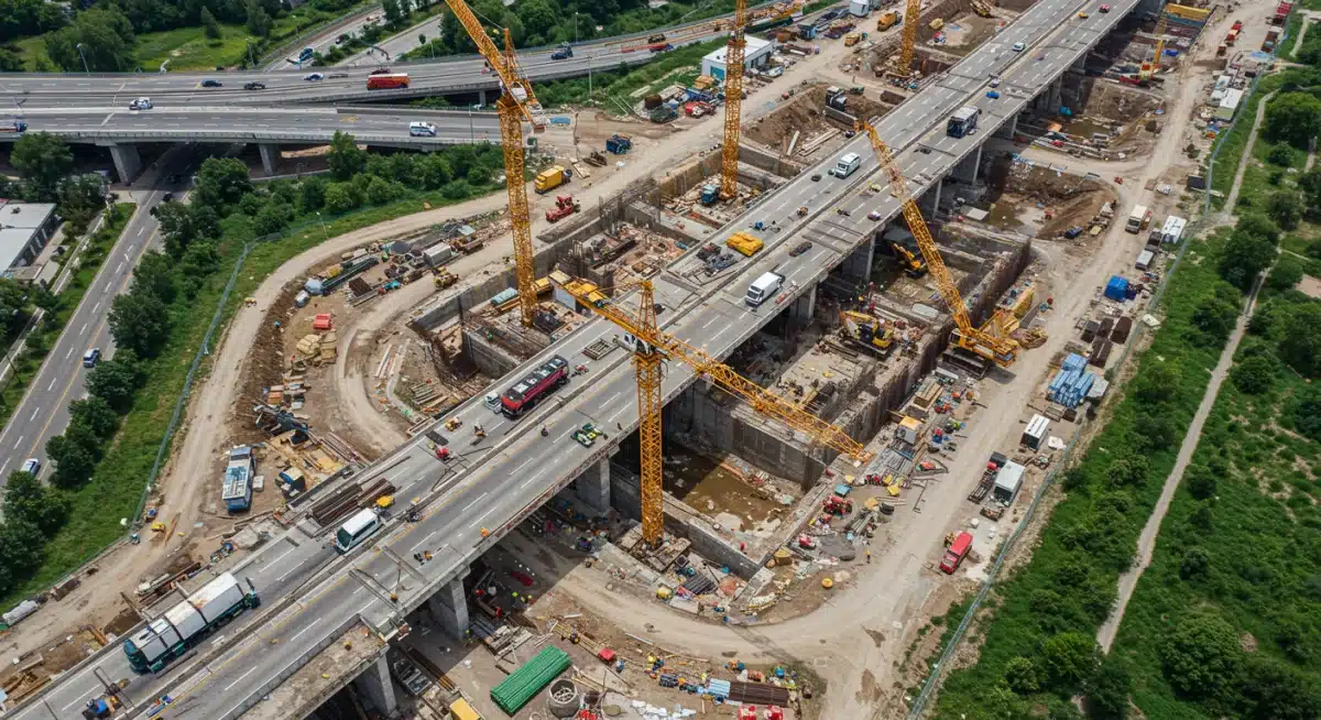 Aerial view of a large highway construction site with cranes and workers.