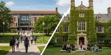 Public vs. private university comparison, students on campus