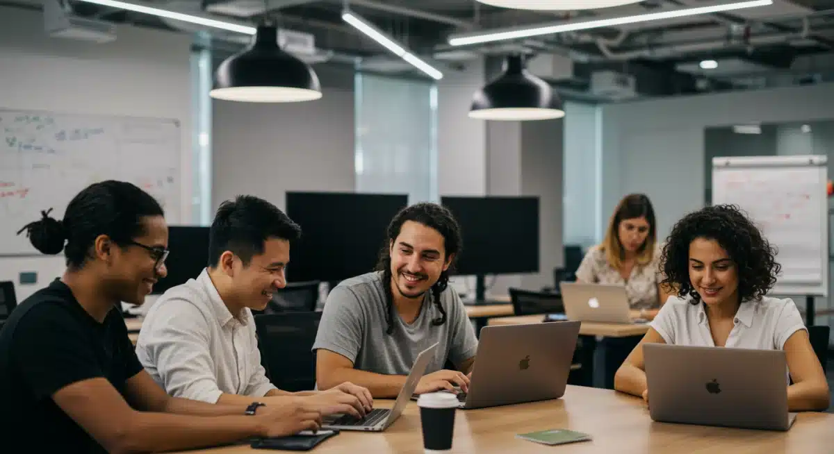 Diverse tech professionals collaborating in a modern office environment