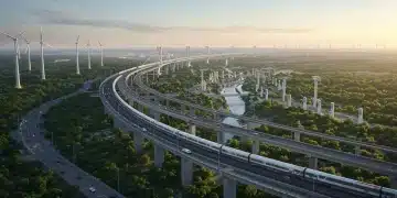 Futuristic infrastructure projects across the U.S. landscape with new bridges, high-speed rail, and renewable energy.