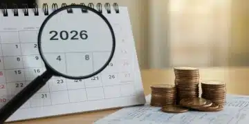 Calendar 2026 with magnifying glass, Social Security statement, and coins representing future benefits