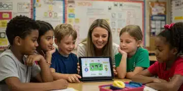 Children engaged in a modern classroom, participating in data-driven learning activities.