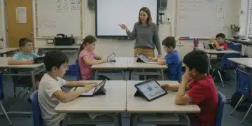 Diverse students engaged in modern classroom with interactive tech