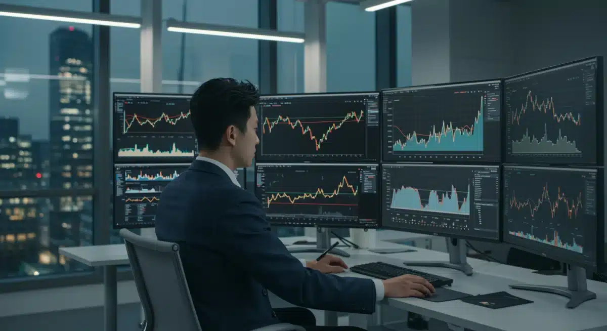 Financial analyst studying bond market data and yield curves