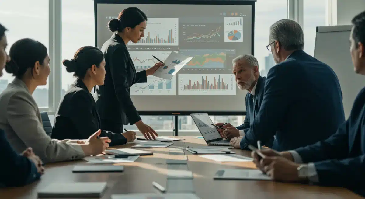 Financial analysts discussing 2026 corporate earnings forecasts in a modern office.