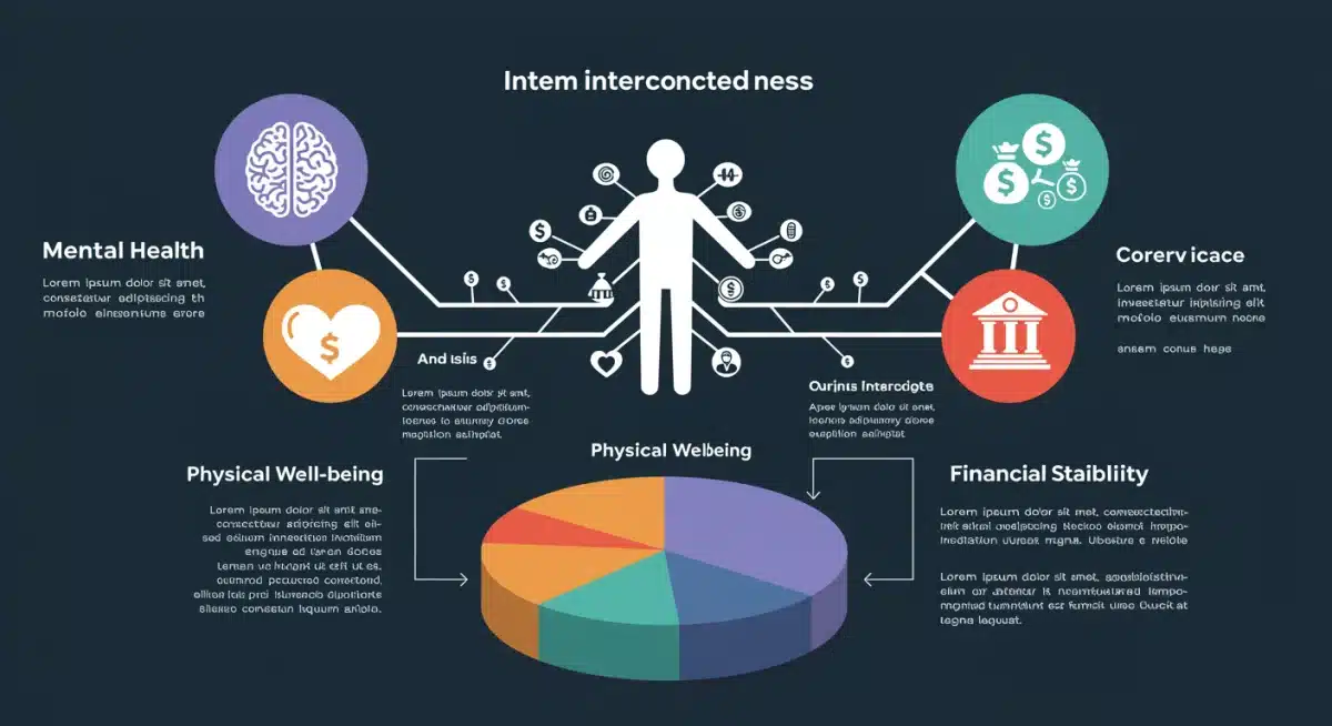 Infographic showing mental health, physical well-being, and financial stability interconnectedness in modern employee benefits.
