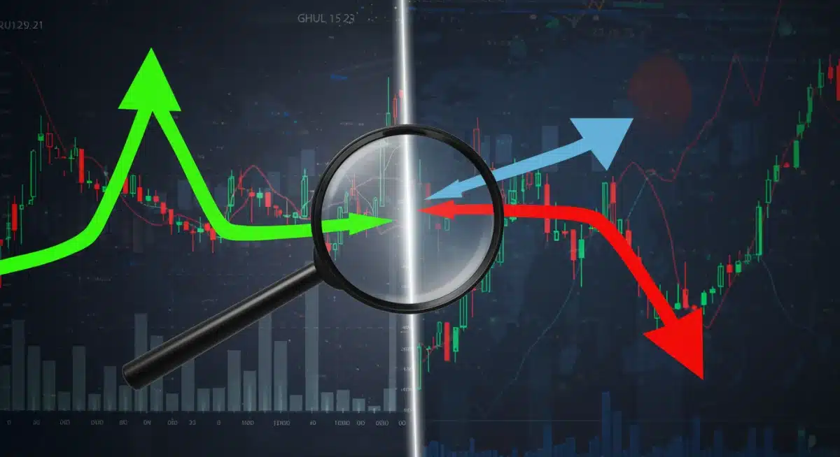 Bull and bear market contrast with a magnifying glass, representing investment strategy adjustments amid interest rate changes.