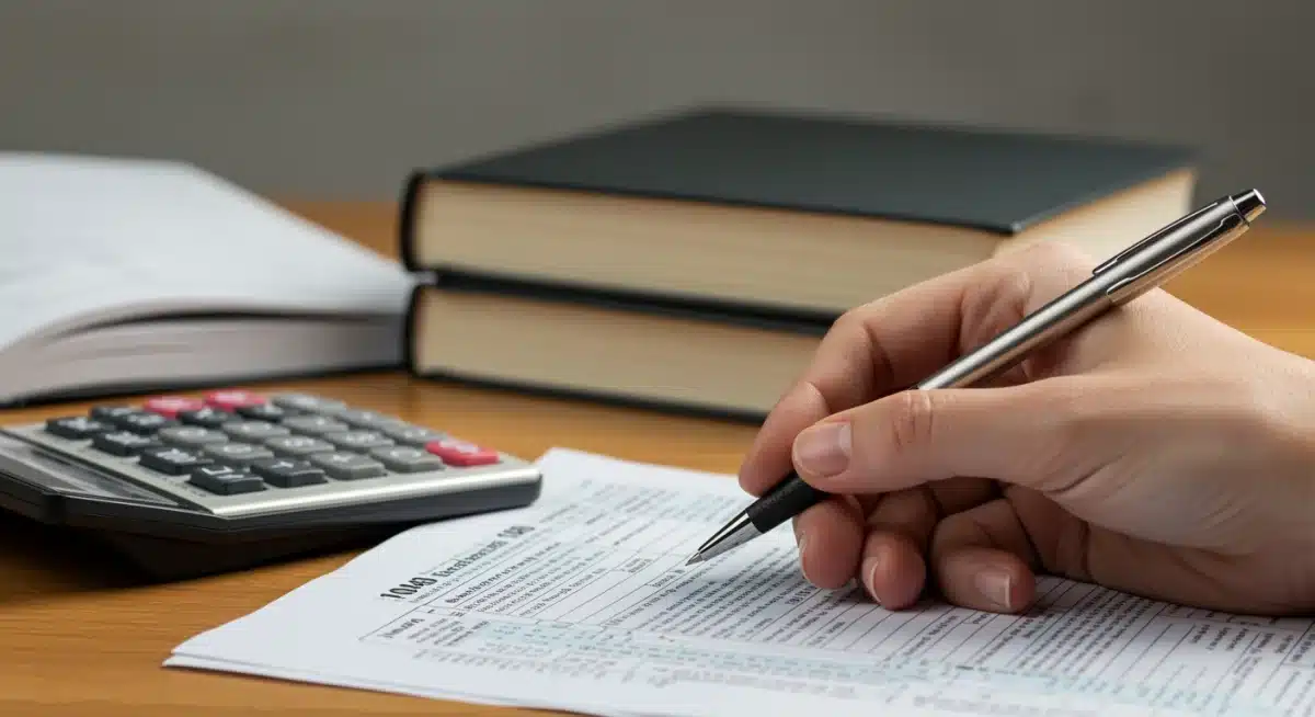 Hand filling out tax forms with calculator and textbook, symbolizing educational expense deductions