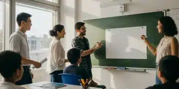 Teachers collaborating in a modern classroom, innovative solutions