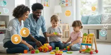 Smiling family with two young children enjoying playtime, representing the positive impact of 2026 childcare benefits.