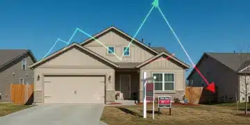 Suburban home with for sale sign and market trend graphics