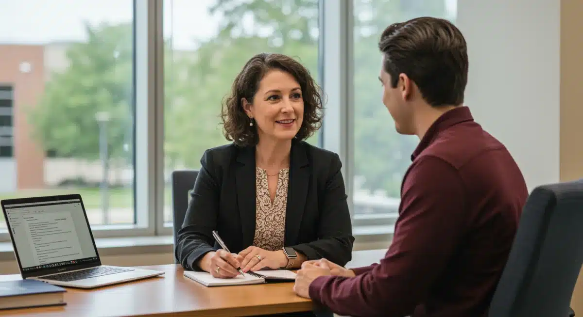 Academic advisor counseling student in modern university office.