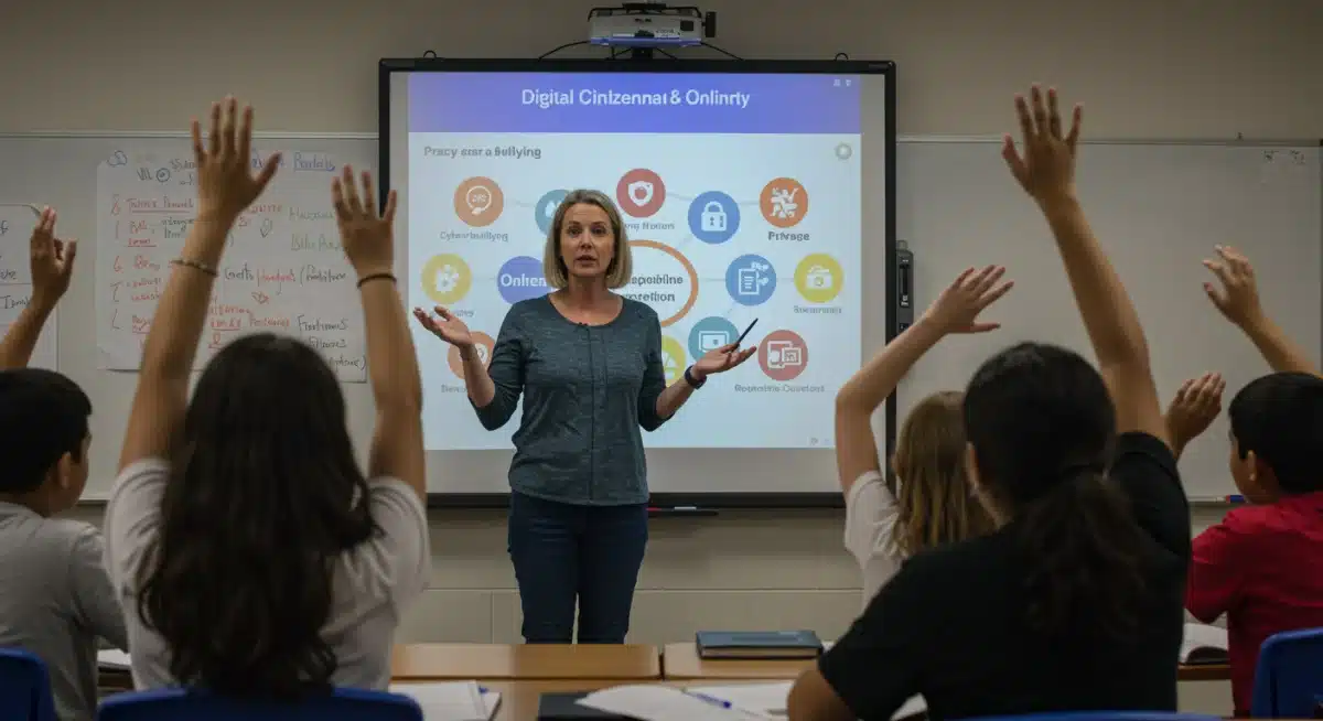 Teacher and students discussing digital citizenship and online safety