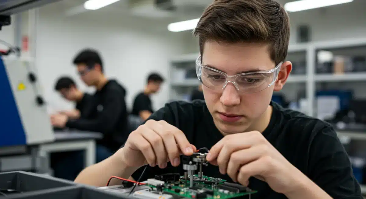 Student assembling electronic components in a vocational lab