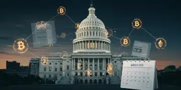 Illustration of U.S. Capitol, blockchain, crypto symbols, and 2026 SEC regulation documents