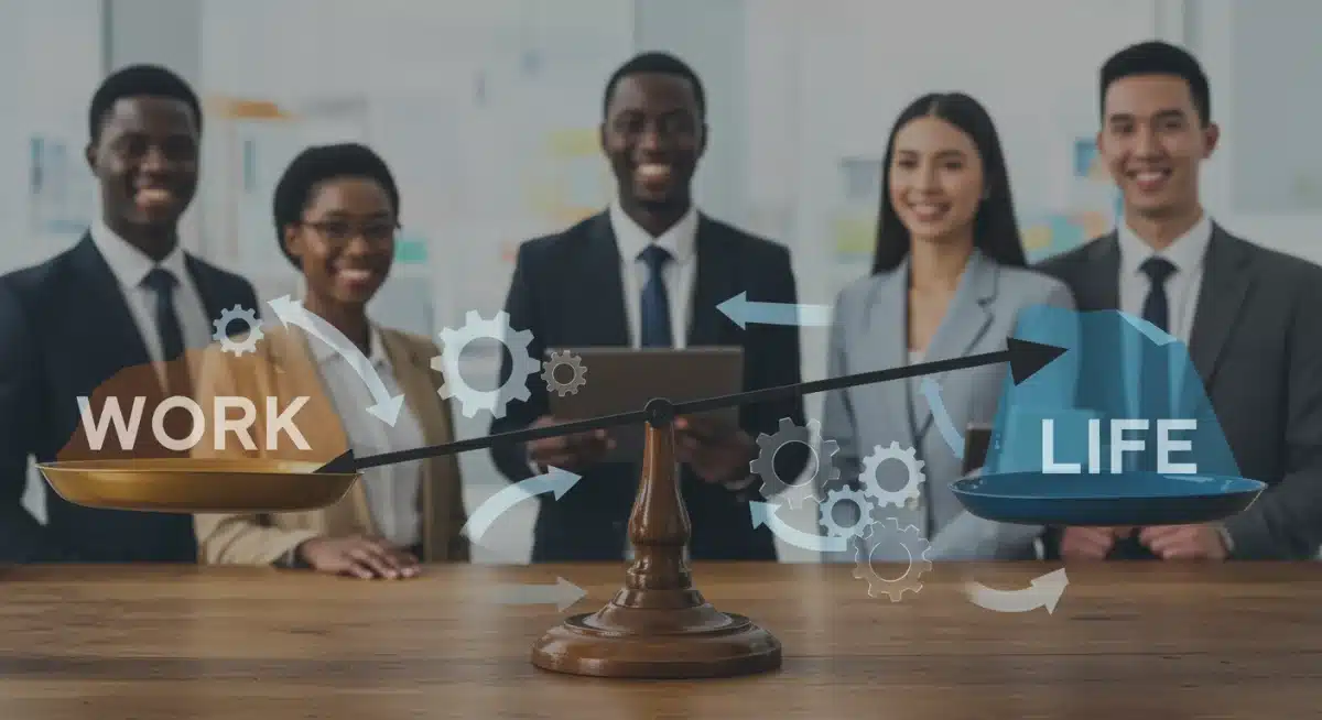 Infographic illustrating work-life balance achieved through optimized HR policies.