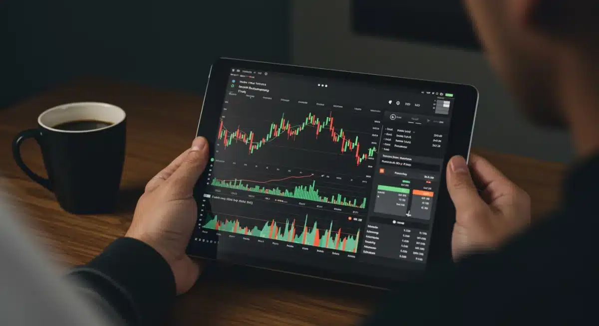 Individual monitoring stock market data and economic news on a tablet, emphasizing proactive financial management.