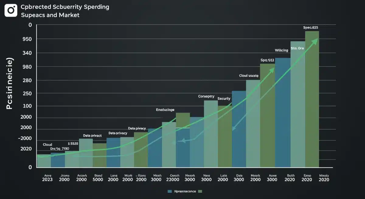 Projected growth chart for cybersecurity spending and revenue from 2023 to 2026, highlighting market expansion.