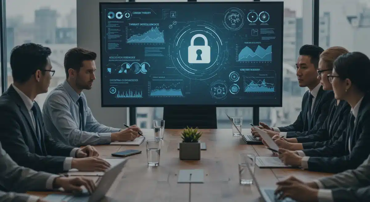 Business executives discussing cybersecurity strategy and regulatory compliance in a modern boardroom setting.