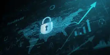 Digital padlock over U.S. map with flowing code, representing cybersecurity growth and data protection in the United States.