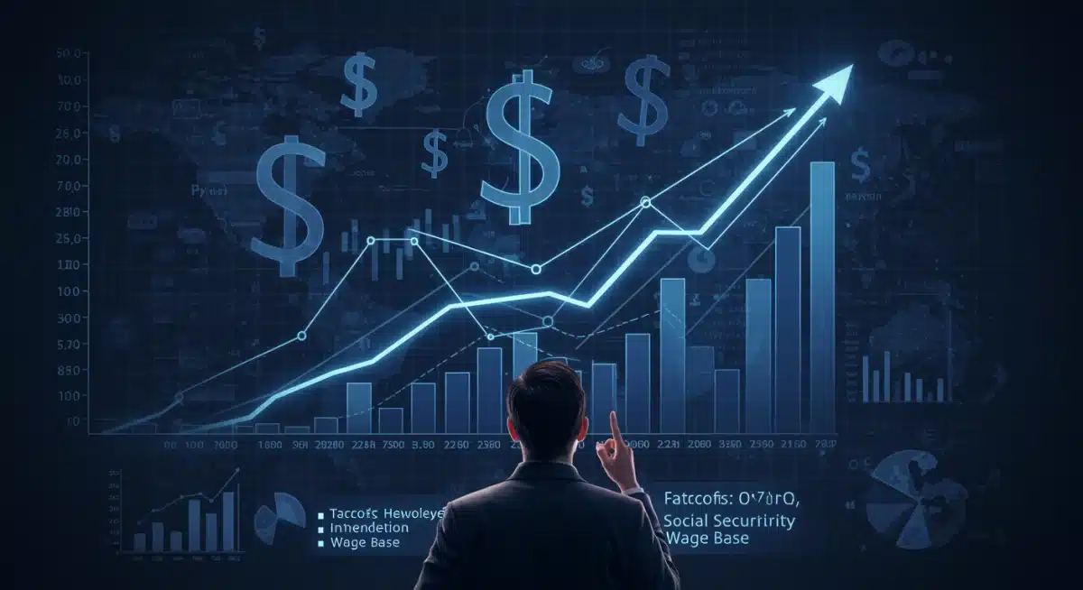 Person analyzing economic charts related to Social Security wage base adjustments and economic indicators.