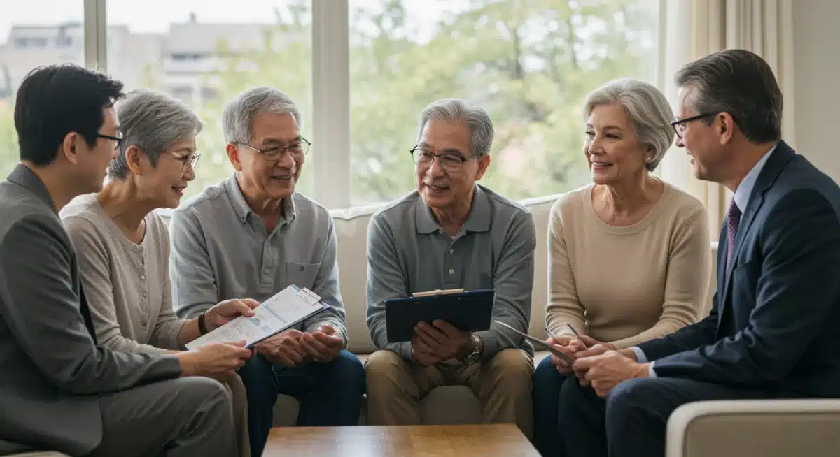 Family consulting a financial advisor about Social Security and retirement planning.
