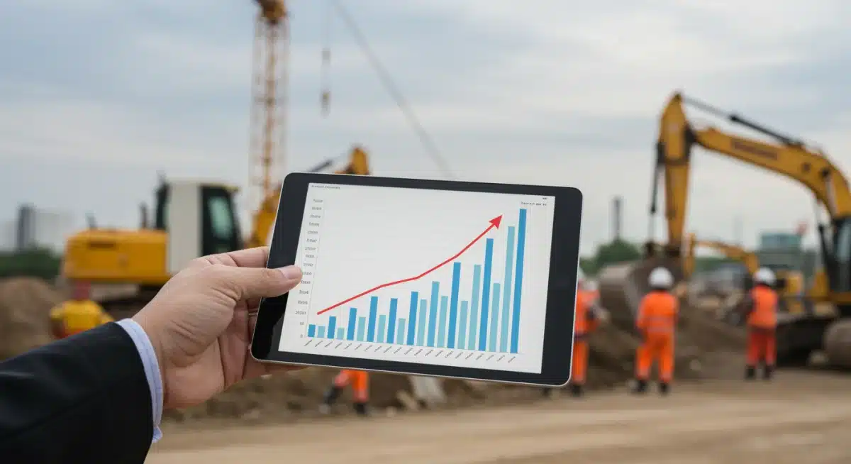 Financial growth graph on tablet with infrastructure construction in background.