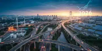 Modern infrastructure with financial charts, symbolizing investment in US infrastructure bonds for 2026.