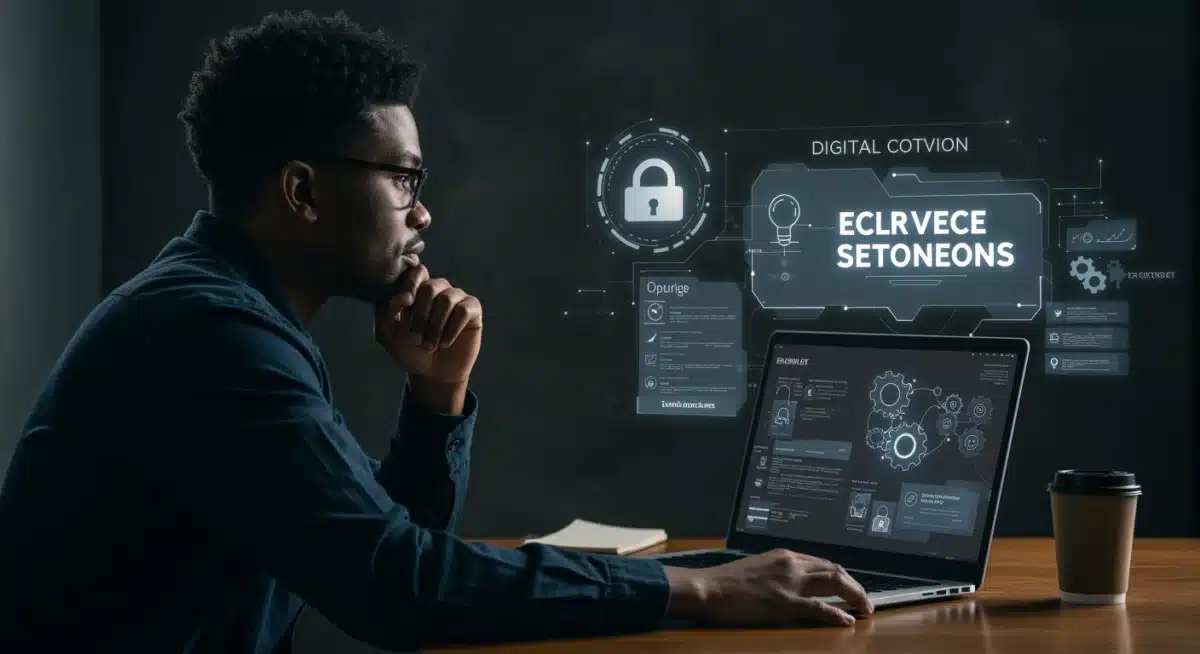 Adult learner critically evaluating cybersecurity and data privacy on laptop