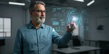 Adult learner mastering 2026 digital literacy curriculum holographic interface