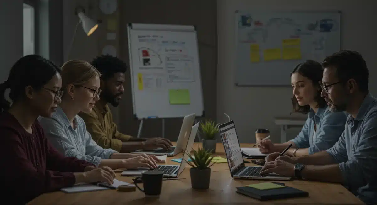 Diverse adult learners collaborating on an online digital project