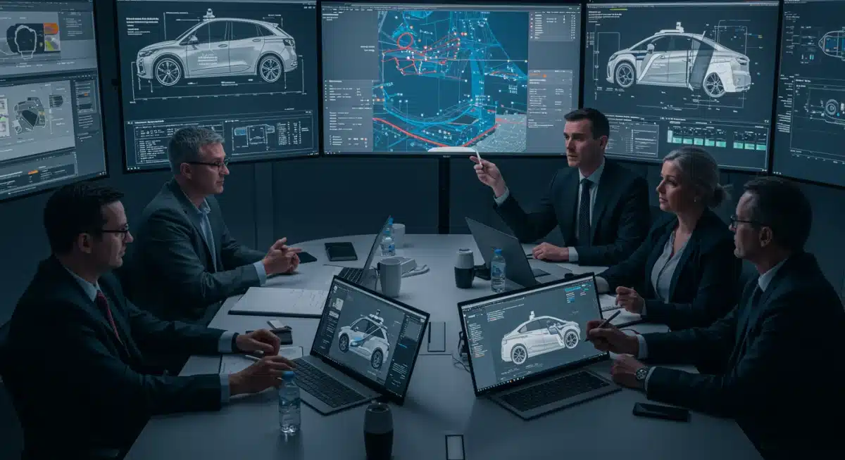 Engineers discussing autonomous vehicle regulations