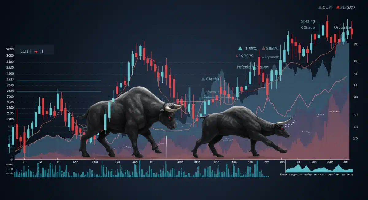 Stock market performance with bull and bear symbols, reflecting Fed policy impact.