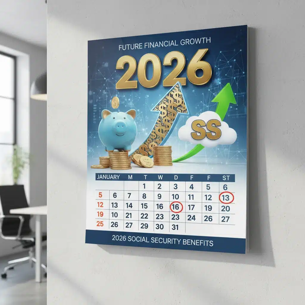 Calendar 2026 with financial symbols, indicating future Social Security benefits planning