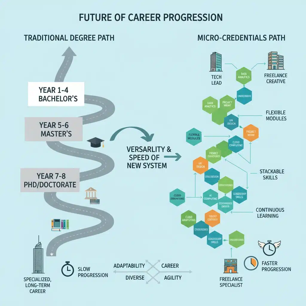 Infographic comparing traditional degrees with flexible micro-credential career paths.