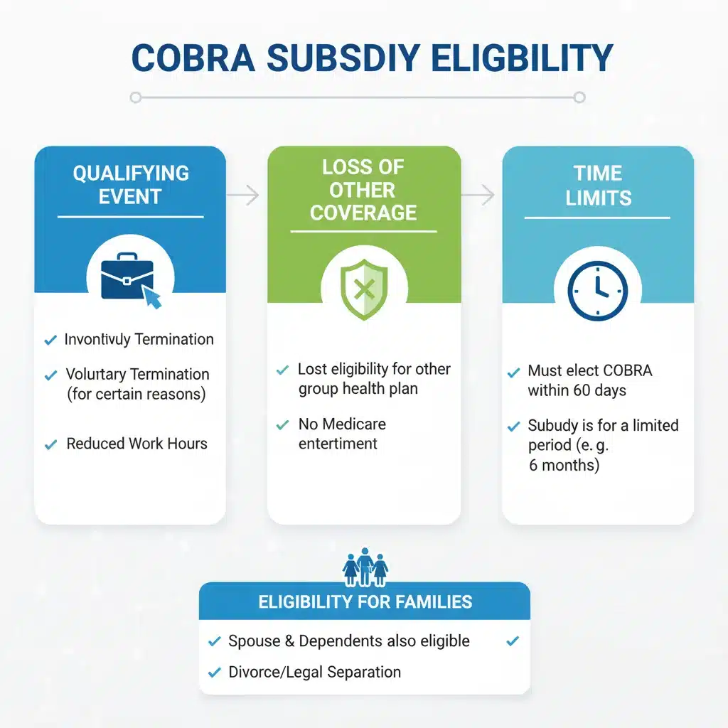 Infographic detailing COBRA subsidy eligibility criteria and qualifying events.