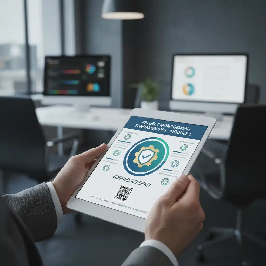 Digital micro-credential badge on a tablet screen, representing specialized skill acquisition.