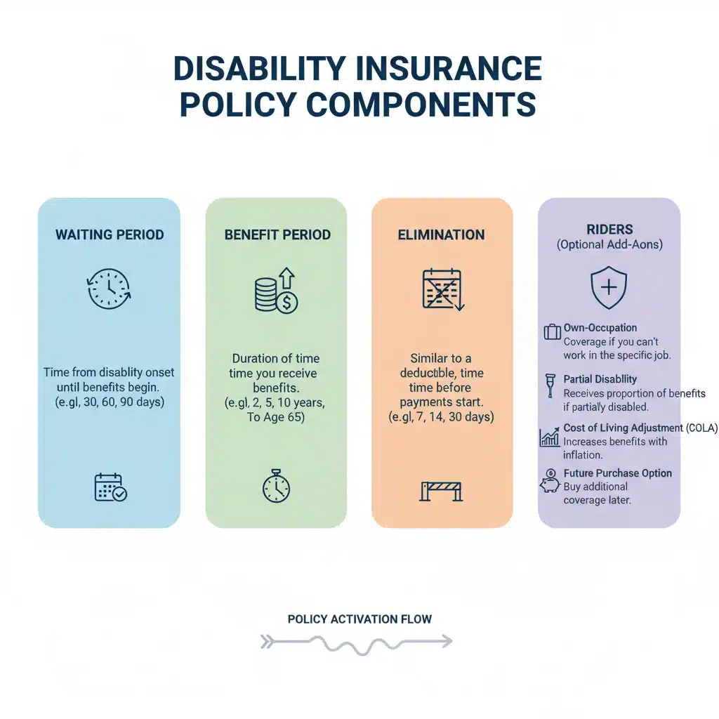 Infographic detailing key components of a comprehensive disability insurance policy.