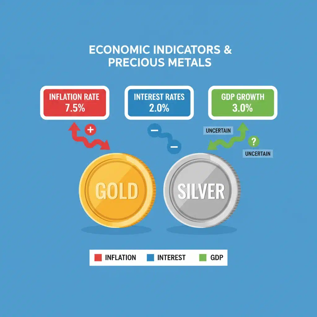 Infographic illustrating economic factors influencing gold and silver prices in 2026.