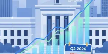Federal Reserve building with economic charts indicating 2.5% GDP growth for Q2 2026.