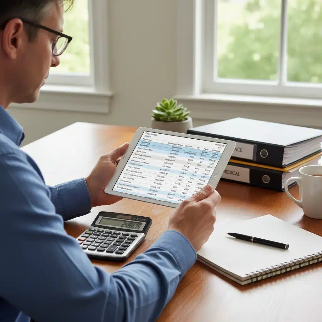 Individual calculating potential healthcare savings with an FSA, reviewing benefits on a tablet.