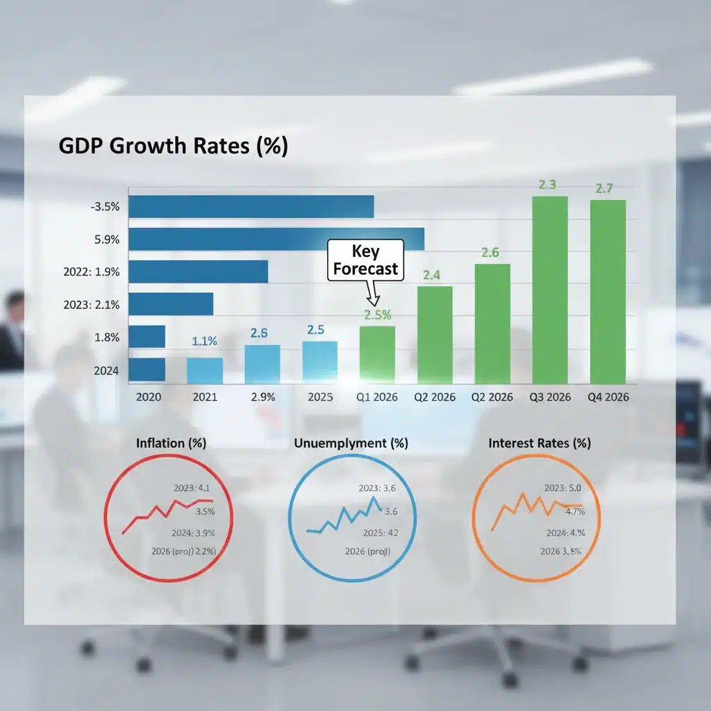 Bar chart showing 2.5% GDP growth forecast alongside inflation and unemployment data.