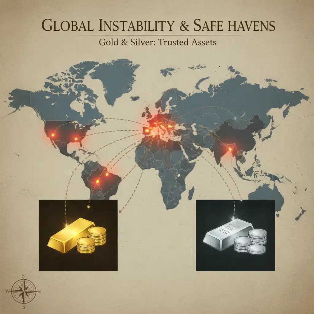 World map illustrating geopolitical tensions and their effect on gold and silver as safe-haven assets.